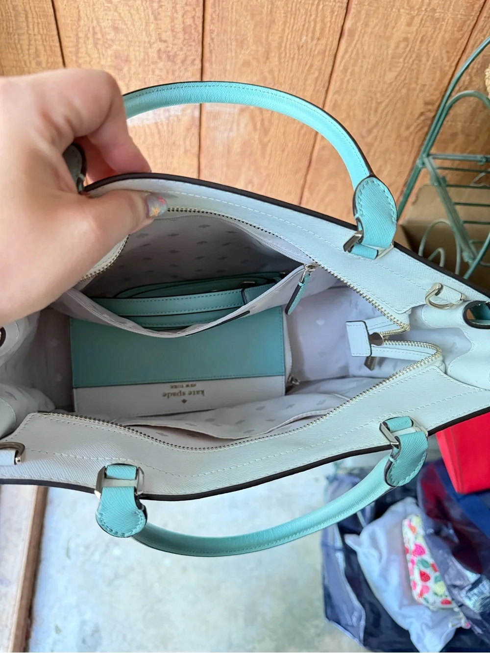 kate spade light blue and white leather satchel